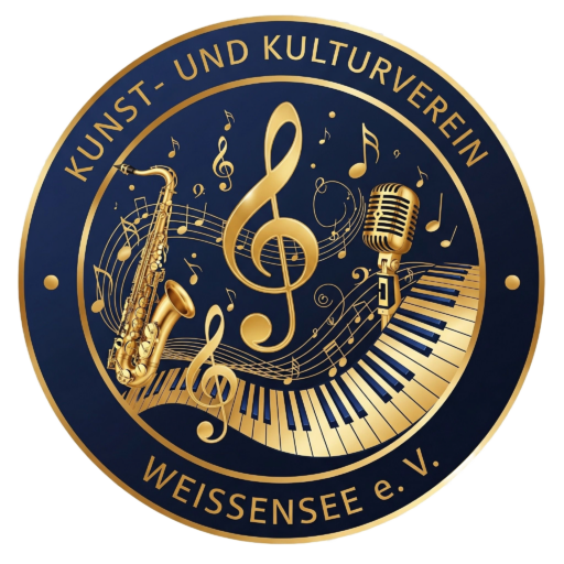 Das Logo ist Rund und besteht aus der Wortschrift Kunst- und Kulturverein Weissensee e.V: Im Zentrum sind verschieden Musikalische Instrumente zu sehen.