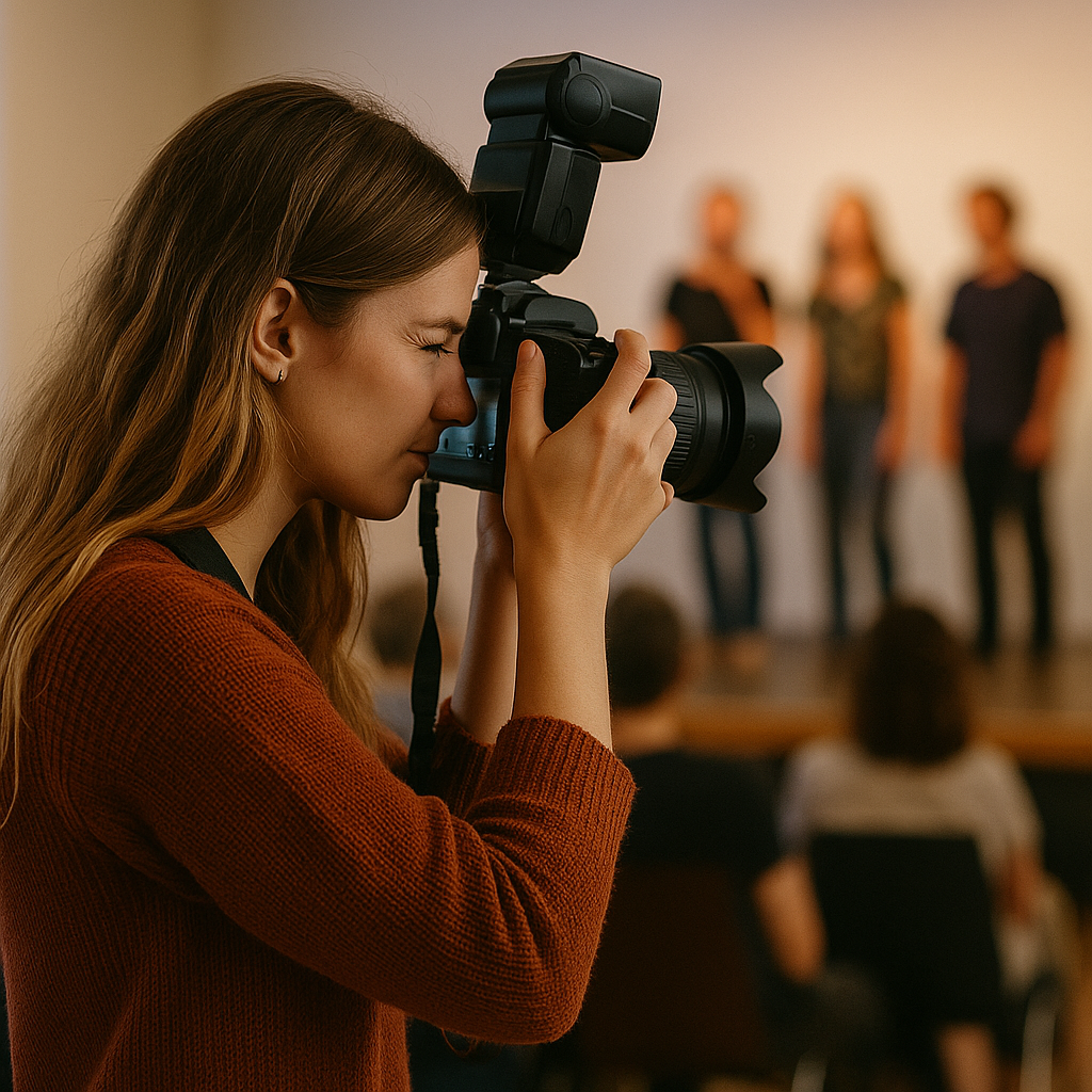 Wir suchen - Fotografinnen Eine Junge Frau, die ein Kamera hält und Fotos bei einer Veranstaltung schießt.