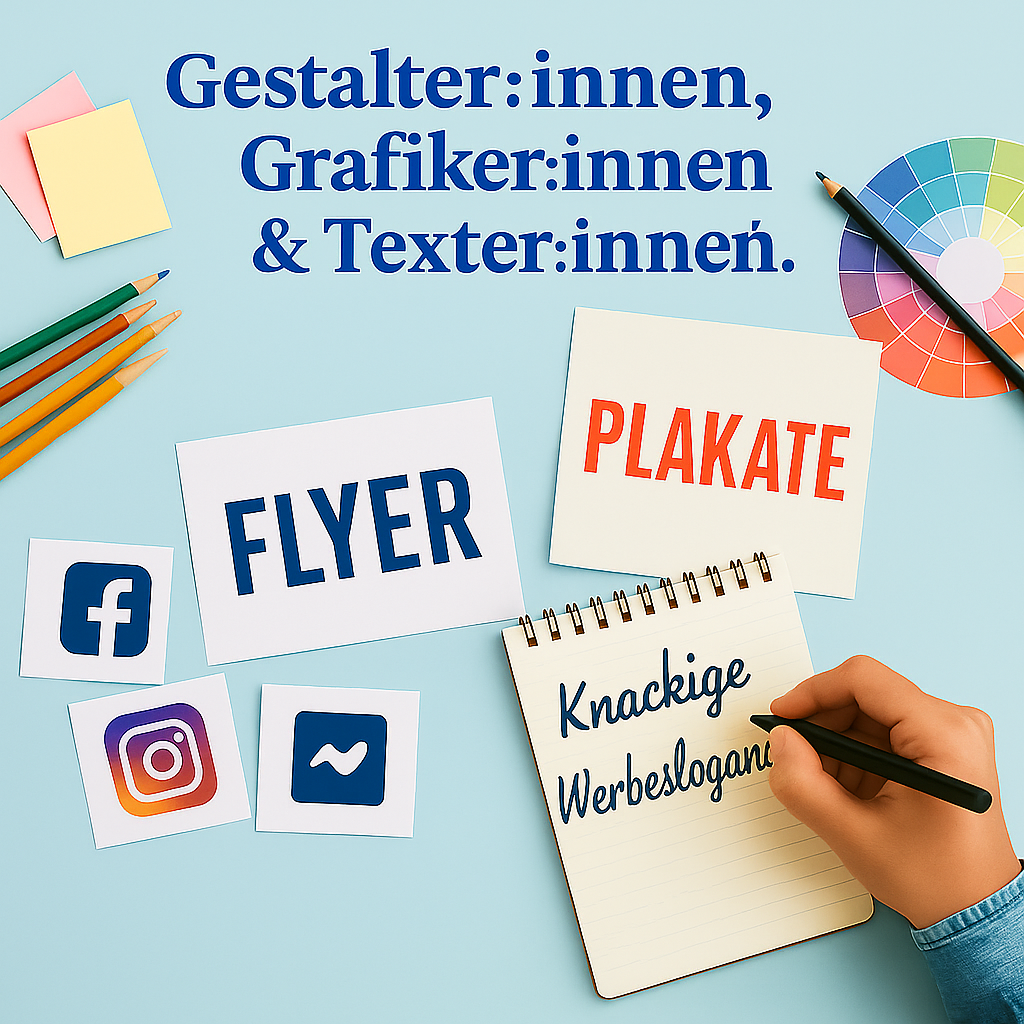 wir suchen - Gestalterinnen - 1 Bild mit kleinen Bildern für Symbolik für Flyer, Plakate und Slogans